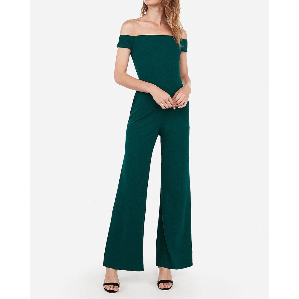 Express Emerald Green Off The Shoulder Wide Leg Jumpsuit XS Pockets NWT‎